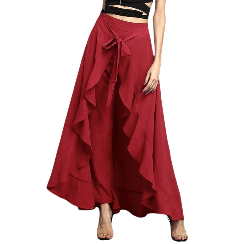 Women High Waist Wide Leg Long Skirt Pants Chiffon Pleated Swing Loose
